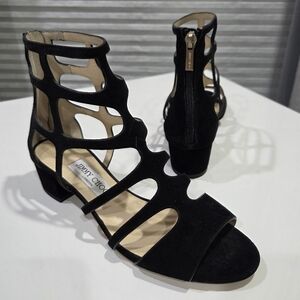 Jimmy Choo NEW 'Ren' Black Suede Flat Cut Out Sandal Strappy Gold Zipper 37.5